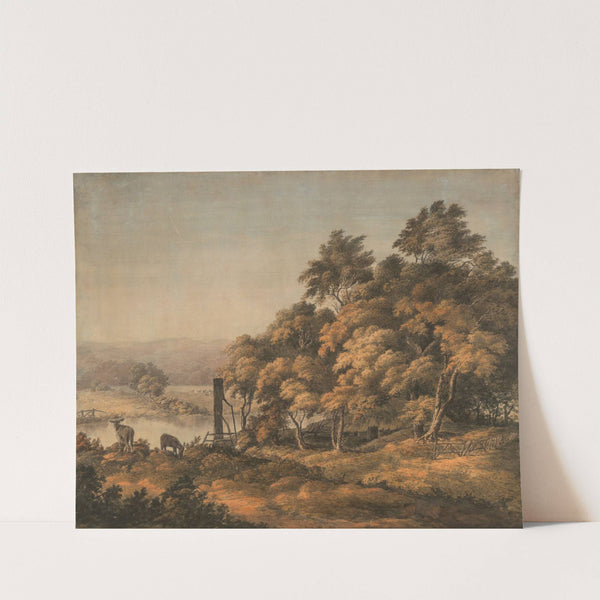 An extensive river landscape with donkeys by John Glover