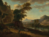 An extensive river landscape with travellers