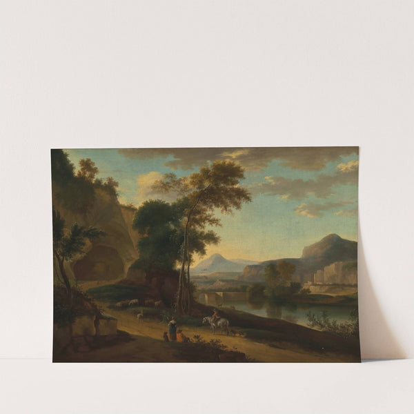 An extensive river landscape with travellers by Jan Hackaert