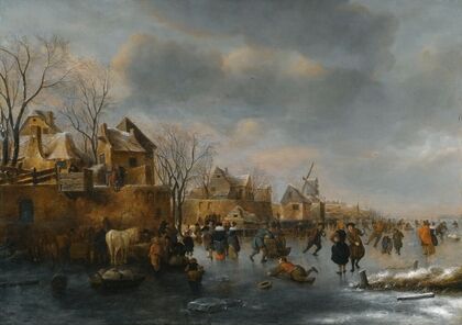An Extensive Winter Landscape With Numerous Figures On The Ice