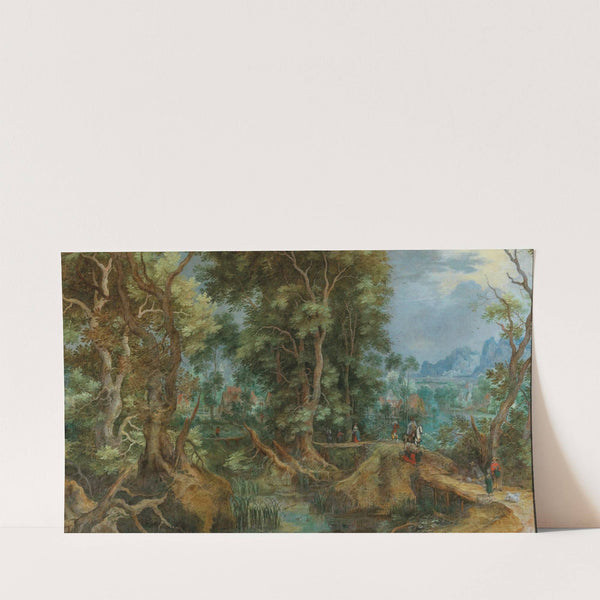 An extensive wooded landscape with a village and a town by the mountains beyond (1602) by Gillis van Coninxloo