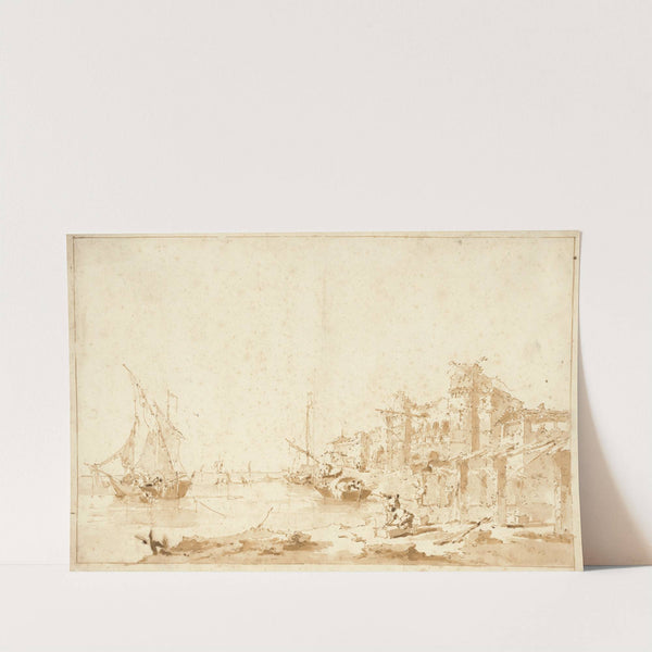 An Imaginary View of a Venetian Lagoon, with a Fortress by the Shore (1750–1755) by Francesco Guardi