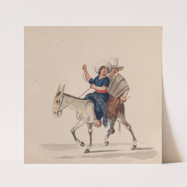 An indigenous man and woman together riding a donkey (ca. 1848) by Francisco Fierro