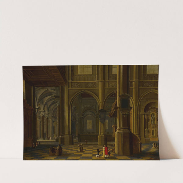 An interior of a Gothic cathedral with figures by Bartholomeus van Bassen