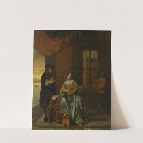 An interior scene with a woman playing a lute and a man playing a violin by Pieter De Hooch