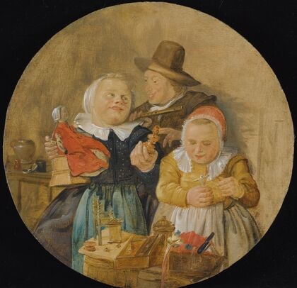 An Interior With A Man Holding A Flute, And Two Children Playing With Their Toys