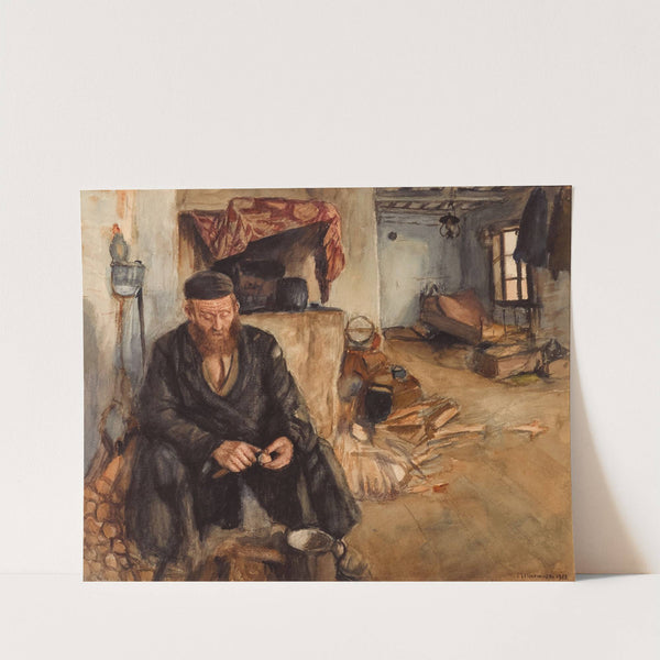 An interior with a man peeling potatoes by Maurycy Minkowski