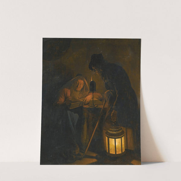 An Interior With An Old Woman Reading By Candlelight And A Man Holding A Lantern by Michiel Versteegh