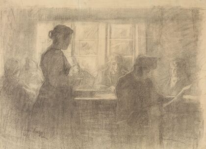 An interior with figures around a table