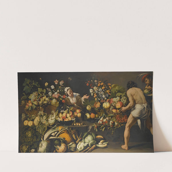 An Interior With Fruits, Vegetables And Flowers Arranged Over A Table And The Floor, With A Woman And Two Men (17th Century) by Italo-Flemish School