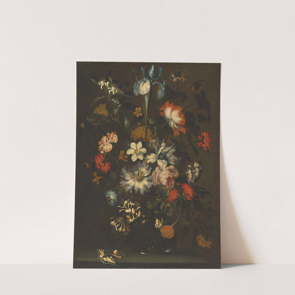 An iris, carnations, roses and other flowers in a glass vase on a ledge with butterflies by Jan Pieter Brueghel