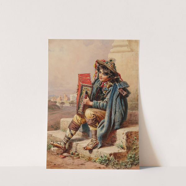 An Italian boy with a harmonica in an Italian landscape with ruins by Carl Goebel