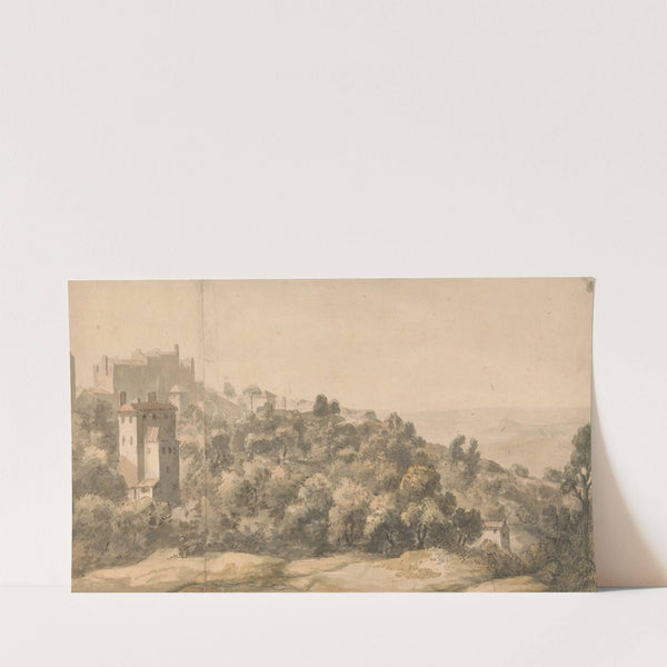 An Italian Landscape; village on a hill left, hillside sloping towards right, with distant valley beyond by William Taverner