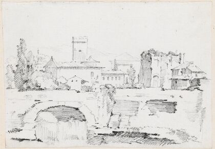 An Italian Town with a Stone Bridge and a Waterfall