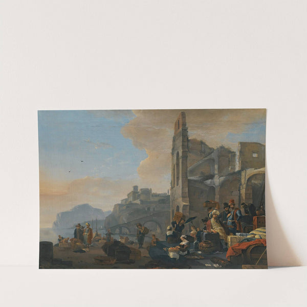 An Italianate Coastal Landscape With Figures In Oriental Dress At Market by Thomas Wijck