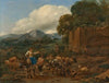 An Italianate landscape with a shepherdess on a mule and a shepherd, herding cattle, sheep, donkeys and dogs on a mountain track next to ruins