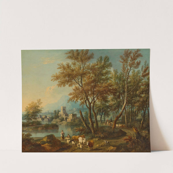 An Italianate landscape with a view of Lake Garda with a shepherd and shepherdess watering their flock at a river by Giovanni Battista Cimaroli