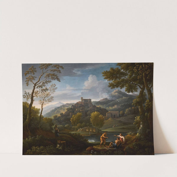 An italianate landscape with figures in the foreground, a hilltop town beyond by Jan Frans Van Bloemen
