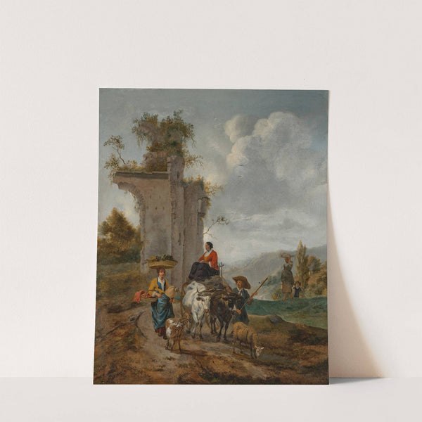 An Italianate landscape with villagers and an ox-cart by Hendrick Mommers