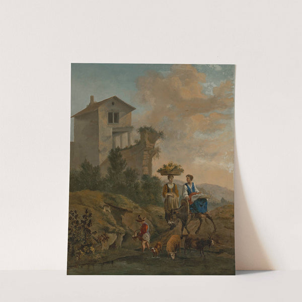 An Italianate landscape with women travelling to market by Hendrick Mommers