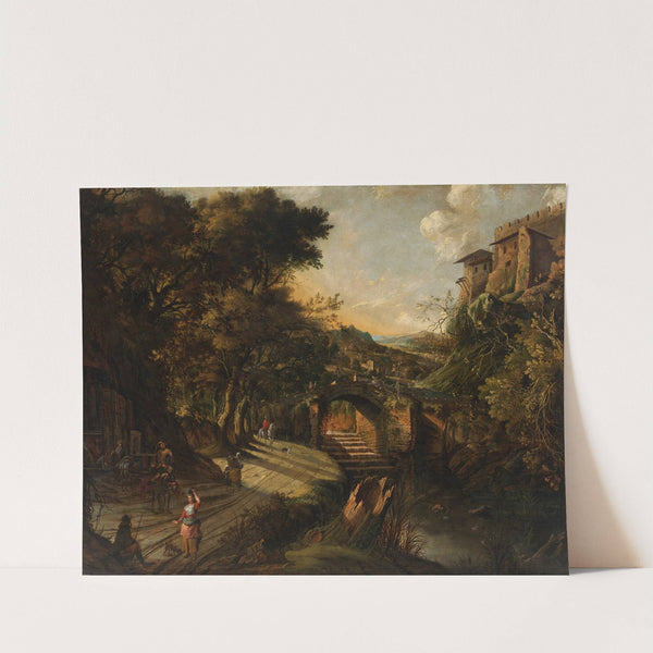 An Italianate river landscape with figures along a path and buildings beyond by Jan Siberechts