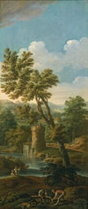 An italianate river landscape with figures in the foreground breaking up a tree, fishermen and mountains beyond