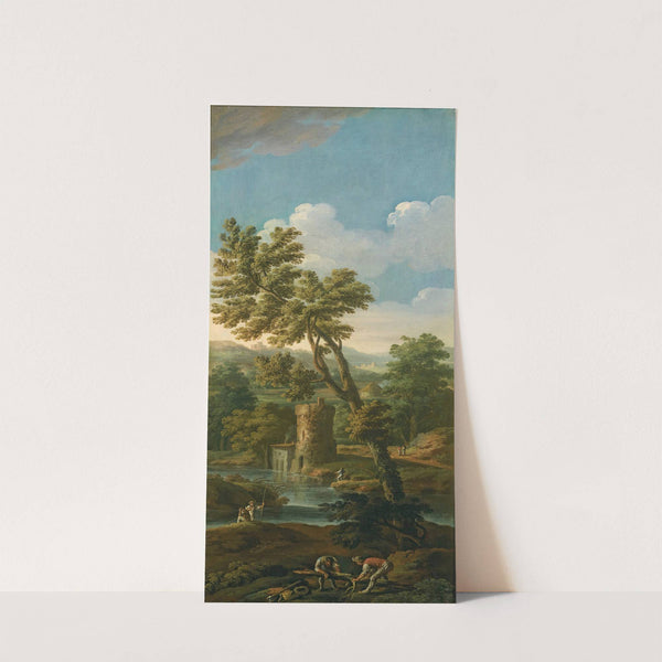 An italianate river landscape with figures in the foreground breaking up a tree, fishermen and mountains beyond by Paolo Anesi
