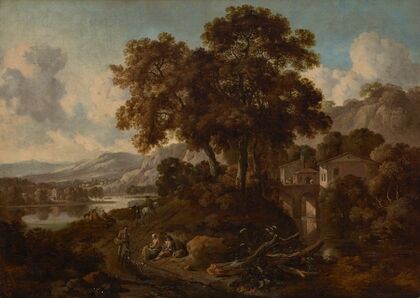 An Italianate wooded landscape with a river