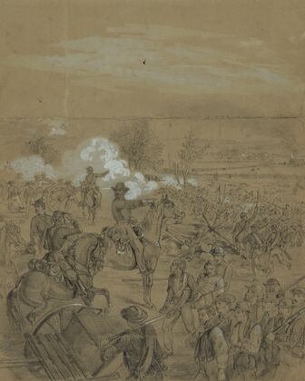 An officer directing his troops into battle