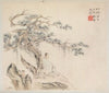 An Old Man Sits under a Pine Tree, a Boy is behind a Stone