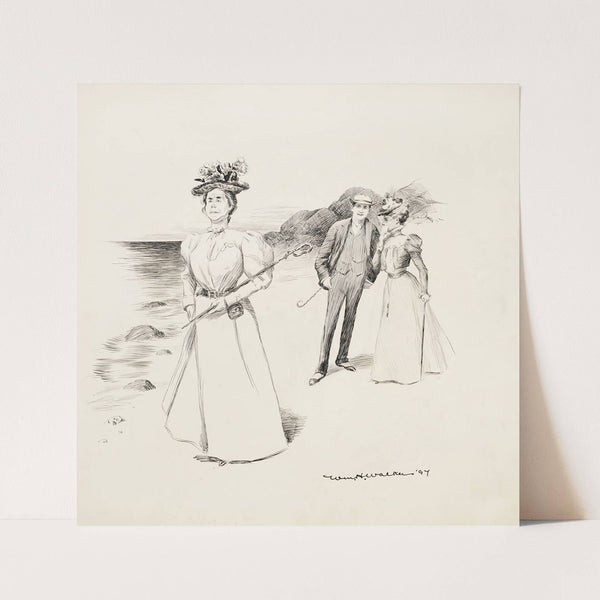 An older woman walks along some rocks, holding a sword. Behind her walk a young couple, taking with each other. (1897) by William Henry Walker