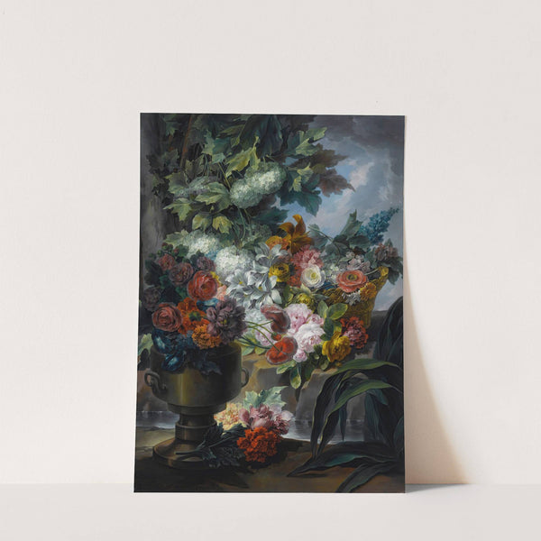 An Outdoor Scene With A Fountain, An Urn And A Basket Of Roses, Peonies, Poppies, Hydrangeas And Other Flowers by Miguel Parra Abril