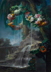 An Outdoor Scene With A Spring Flowing Into A Pool, With Garlands Of Flowers And An Aqueduct Beyond