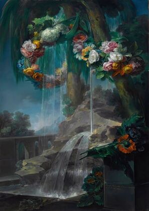 An Outdoor Scene With A Spring Flowing Into A Pool, With Garlands Of Flowers And An Aqueduct Beyond