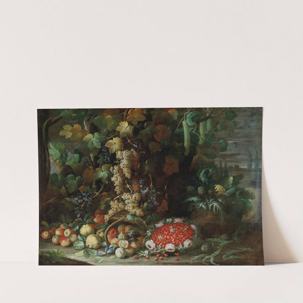 An overturned basket of fruit, flowers and vegetables with a strawberry-filled garland in a villa garden by Francesco della Questa