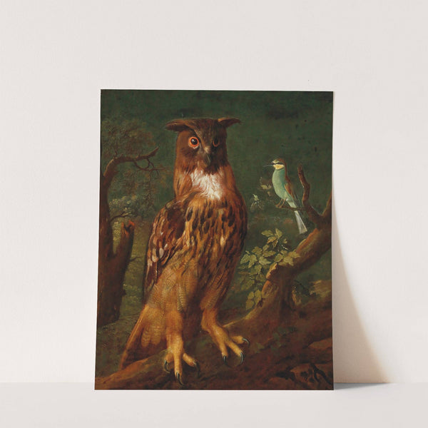 An owl and a blue tit sitting in a tree by German School