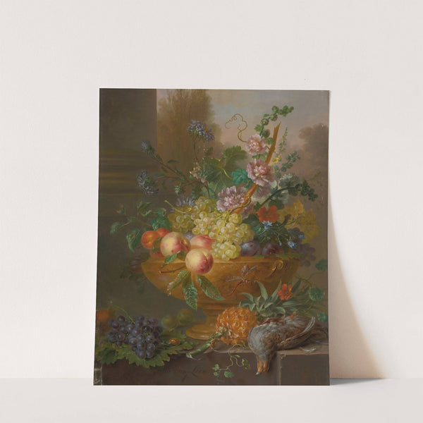 An urn filled with flowers, grapes, peaches, plums and apricots, a pineapple and a pigeon in the foreground by Willem van Leen