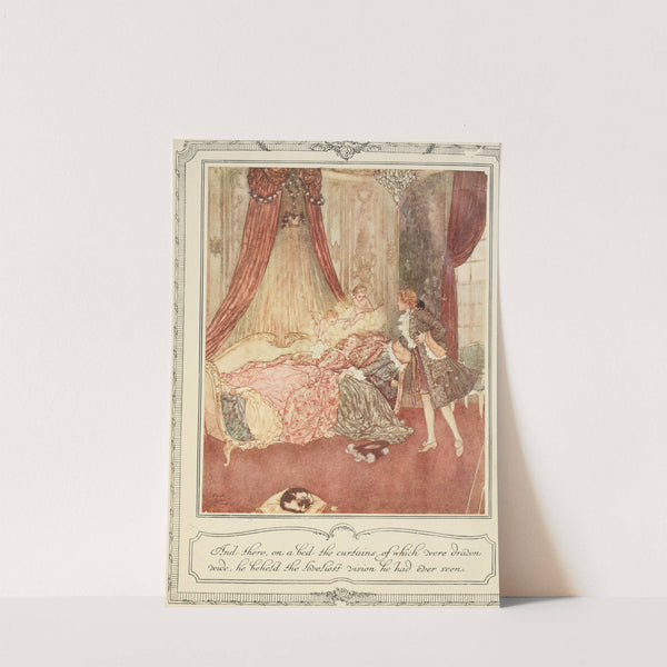 And there, on a bed the curtains of which were drawn wide he beheld the loveliest vision he had ever seen (1910) by Edmund Dulac