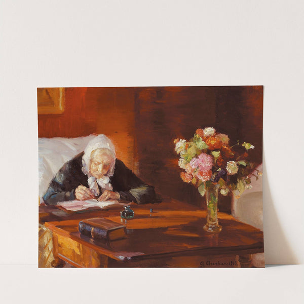 Ane Hedvig Brøndum siddende ved sit skrivebord i den røde stue (1910) by Anna Ancher