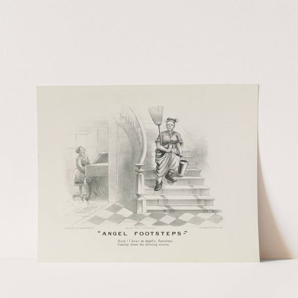 Angel footsteps; ‘Hark! I hear an angel’s footsteps, coming down the shining stairs’ (1878) by Currier & Ives.