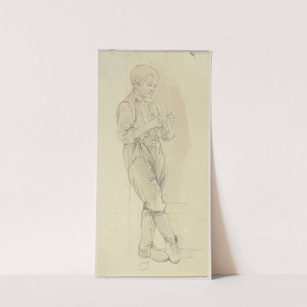 Angelehnt stehender Junge, strickend by Jakob Becker