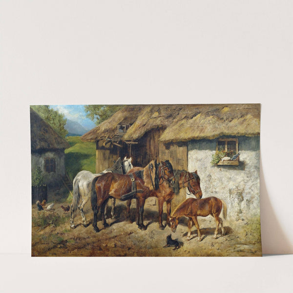 Angeschirrte Pferde am Stallgebäude by Hermine Biedermann-Arendts