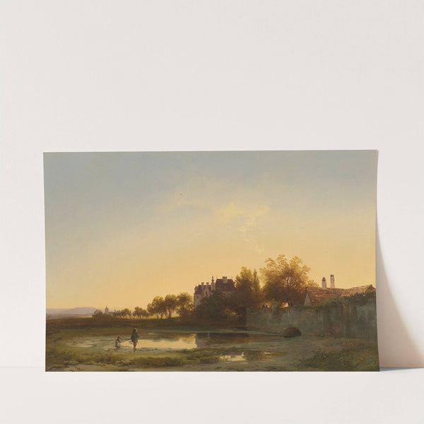 Angler in the evening light by the castle pond by Ignaz Raffalt