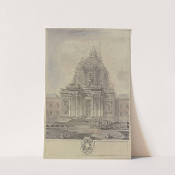 Ansicht eines Domes mit gewundener Turmspitze und angeschnittenen Flügelgebäuden, unten ein leeres Kardinalwappen by Jacques-François Blondel