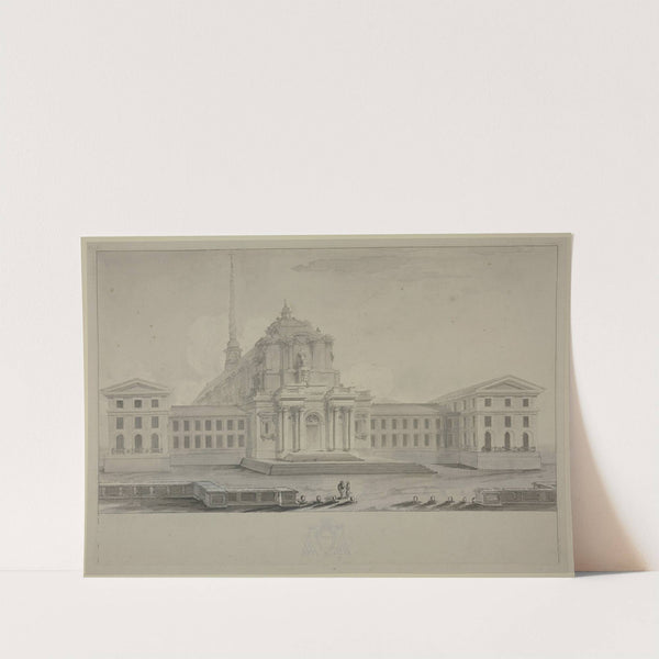 Ansicht eines Domes zwischen zwei Flügelgebäuden mit gewundener Turmspitze by Jacques-François Blondel