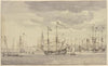 Ansicht eines Hafens mit vielen Schiffen und einer Stadt mit zwei Kirchtürmen (Amsterdam)