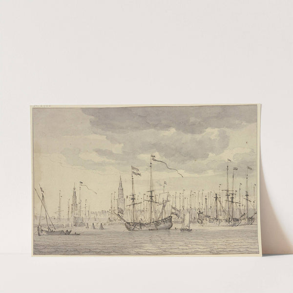 Ansicht eines Hafens mit vielen Schiffen und einer Stadt mit zwei Kirchtürmen (Amsterdam) by Willem van de Velde the Younger