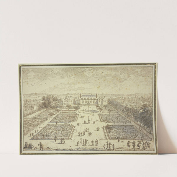 Ansicht eines Schlosses mit Gartenanlage, Springbrunnen und vielen Figuren by Israel Silvestre