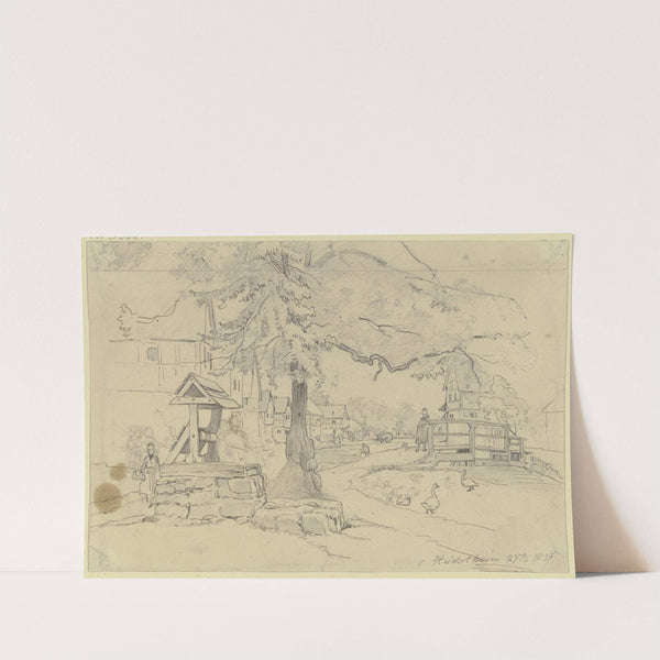 Ansicht von Heuchelheim mit einem Ziehbrunnen, Bach, Brücke und vielen Gänsen by Jakob Fürchtegott Dielmann