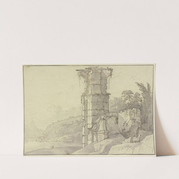 Antike Ruine an einem Bergsee, vorne rechts zwei Schafe by Johann Heinrich Roos